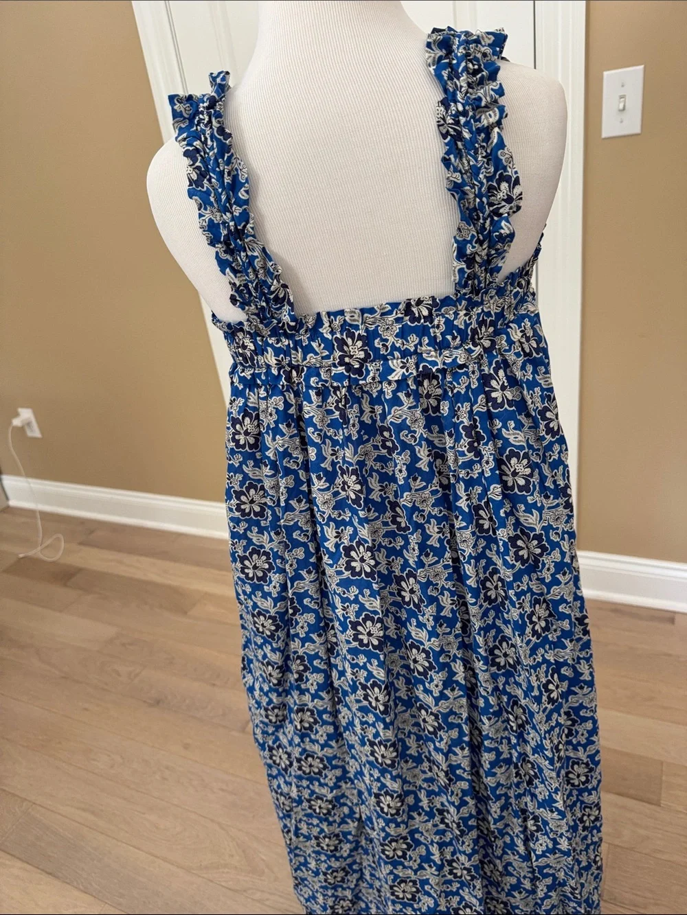 J. Crew Blue and White Floral Ruffle Strap Maxi Dress